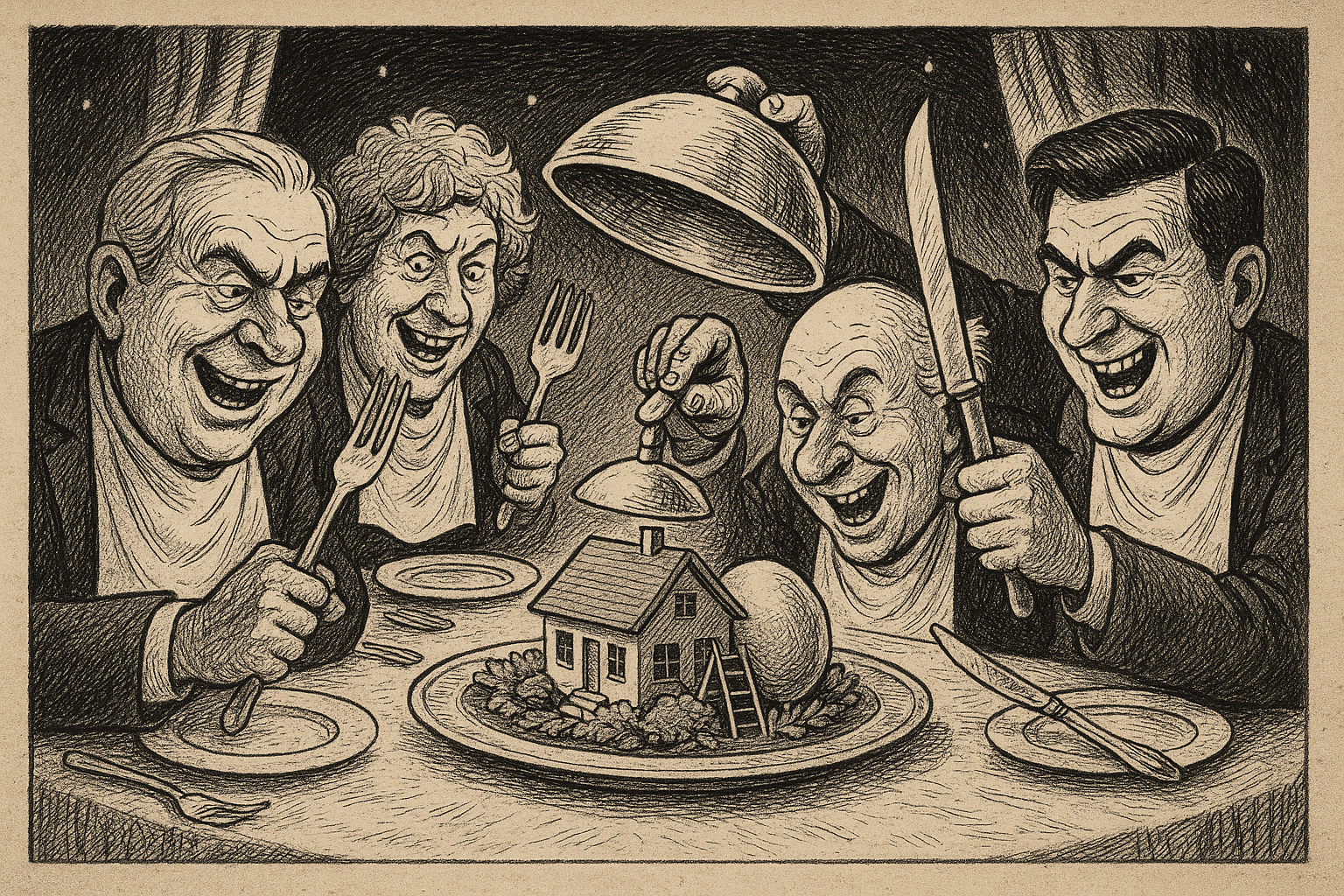Newspaper-style editorial cartoon: caricatured politicians carve up a house, nest egg and ladder on a silver platter — the SMSF borrowing ban as structural cannibalism.