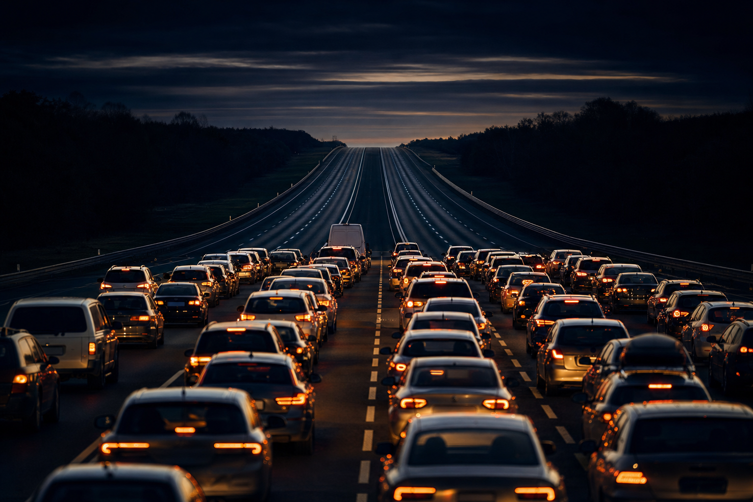 Dense band of traffic bunched across four lanes at dusk, tail lights glowing, with completely open empty motorway running ahead to the horizon